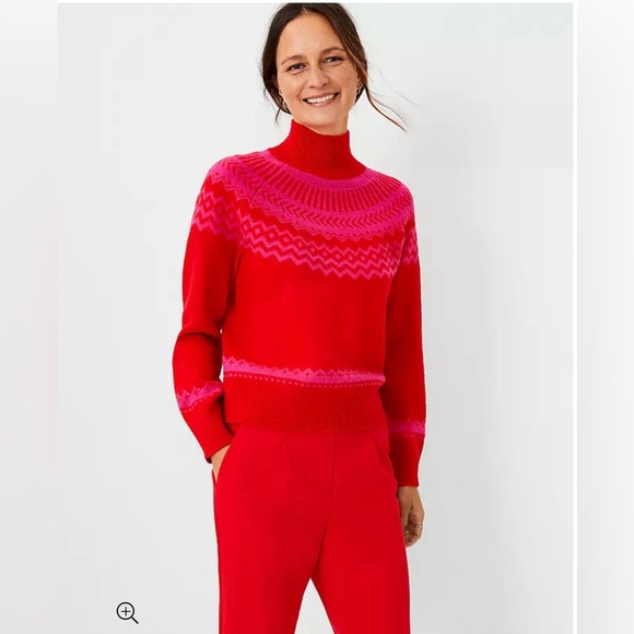 EUC Ann Taylor Fair Isle Wool Turtleneck Sweater Red Fuchsia Size Small Petite - Picture 3 of 12